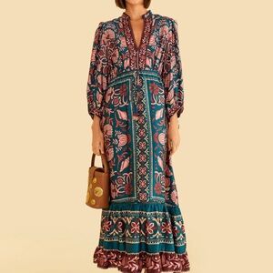 FARM Rio Blue and Red Ruffled Tiered Sundress